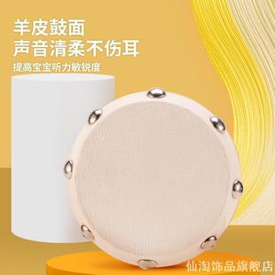 手抓木制婴儿拨浪鼓木质羊皮双面手摇铃儿童早教玩具0一3岁波浪鼓