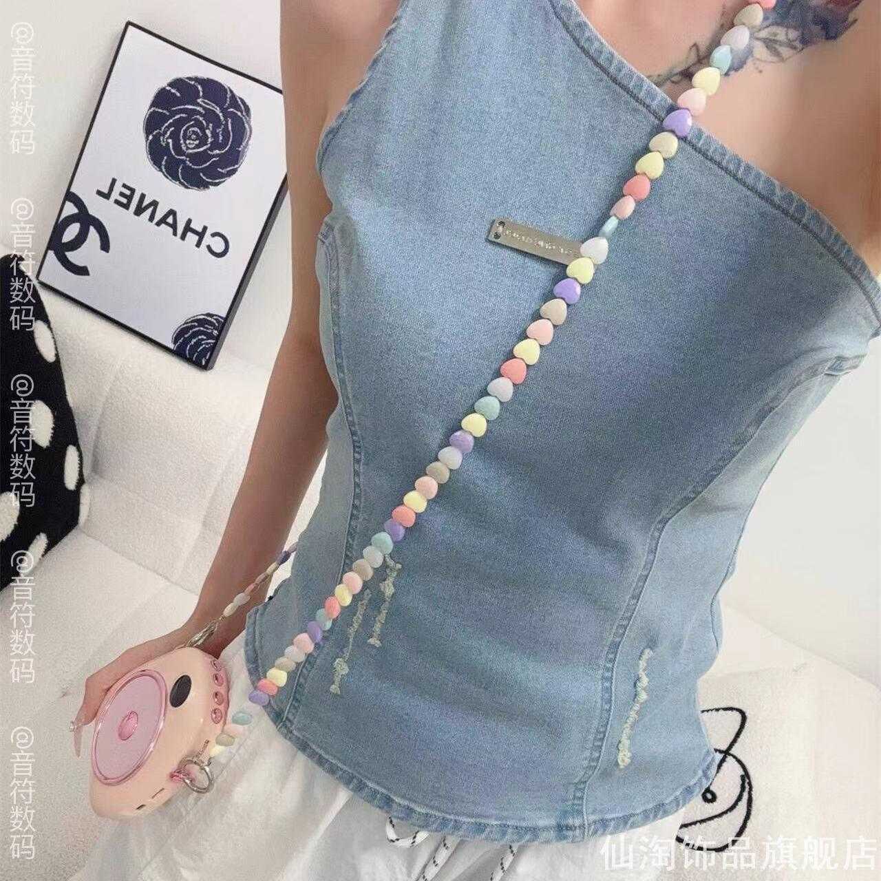 马卡龙彩色爱心珠子斜挎肩带扩音器专用背带拍立得相机包串珠链