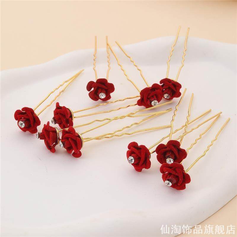 红色玫瑰花梳齿敬酒服发饰喜婆婆