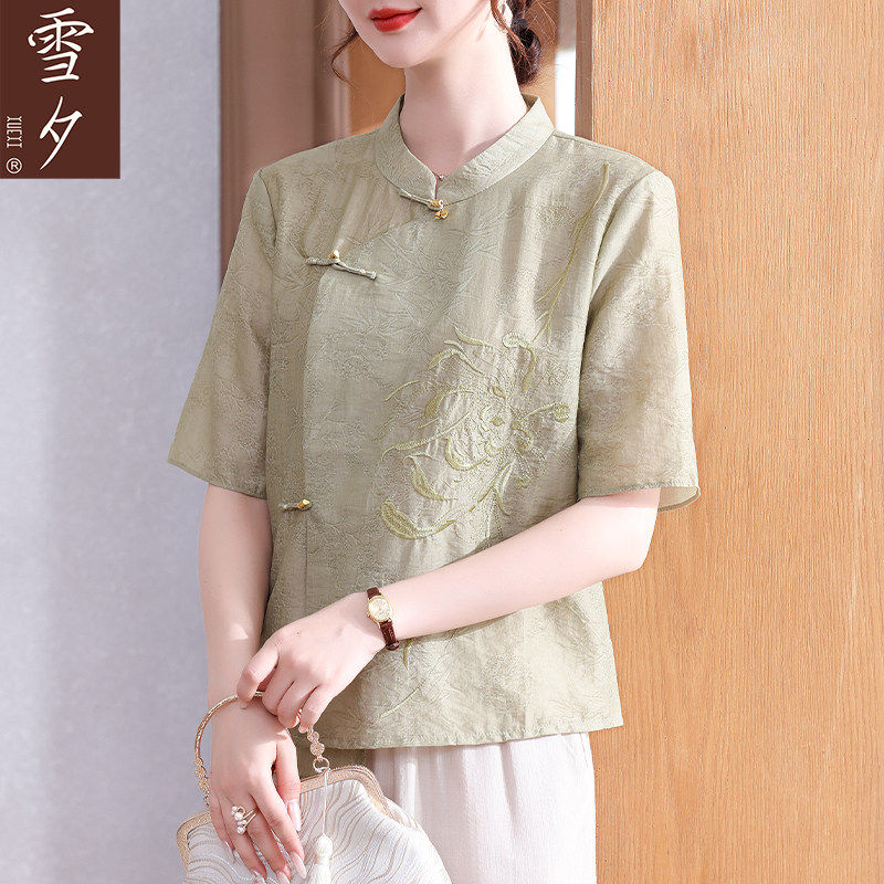 2026新款妈妈夏装优雅刺绣短袖雪纺上衣中年女装洋派减龄短袖小衫
