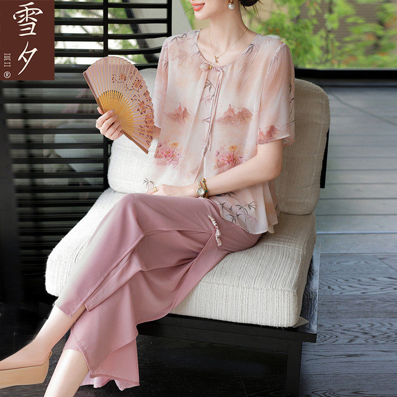 中年妈妈夏装雪纺碎花套