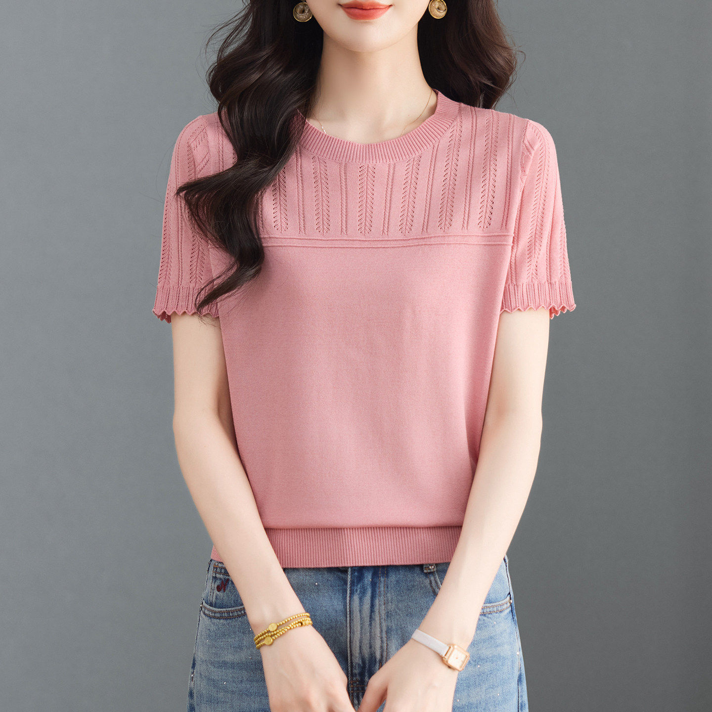 圆领薄款镂空针织衫短袖T恤女2026新款夏季中年妈妈小衫冰丝上衣