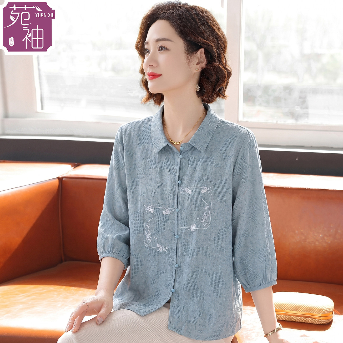 时尚妈妈装棉麻衬衫女短