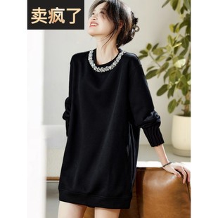 2025秋装新款高级感黑色漂亮钉珠卫衣慵懒中长款宽松遮肉上衣女装