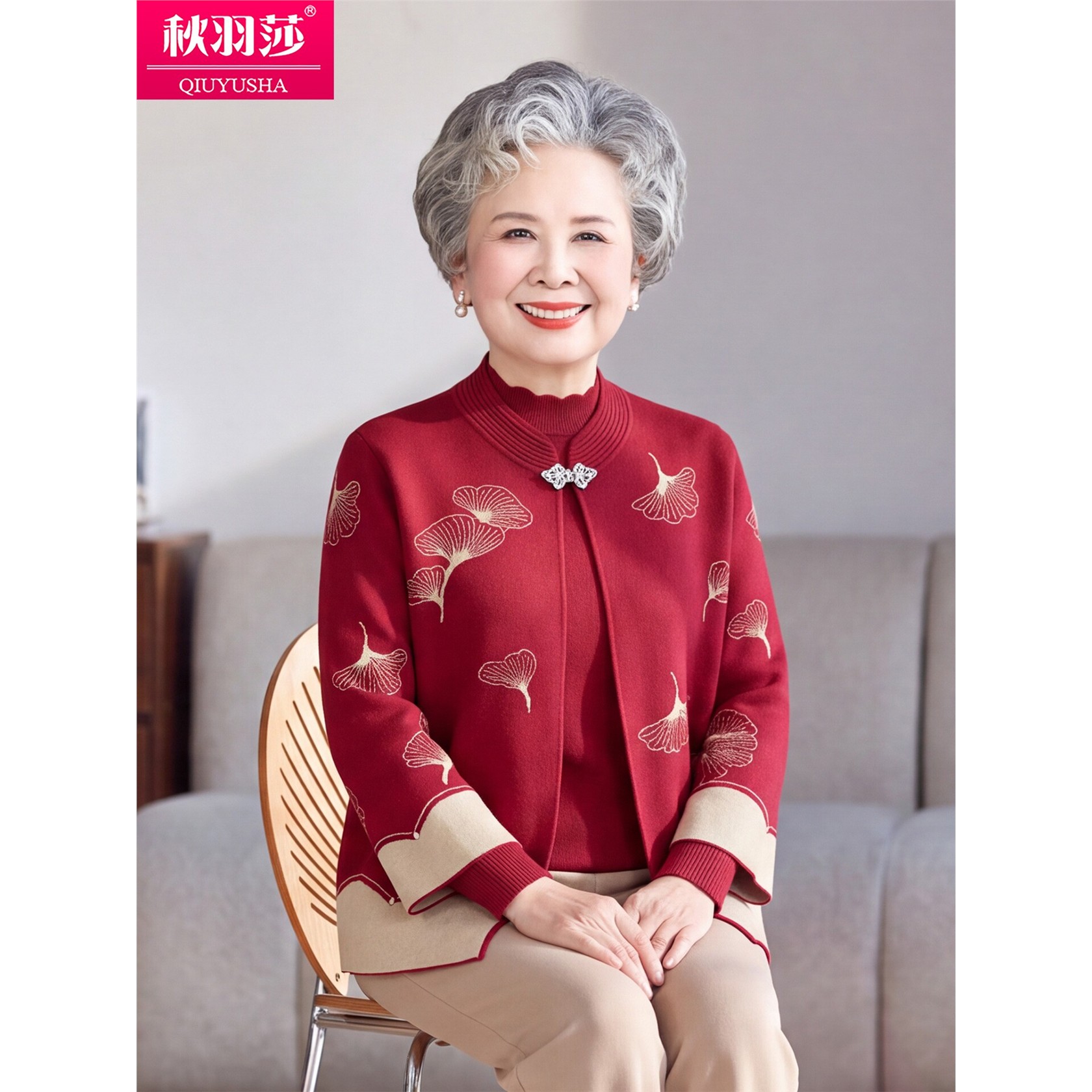 中老年女装红色针织开衫
