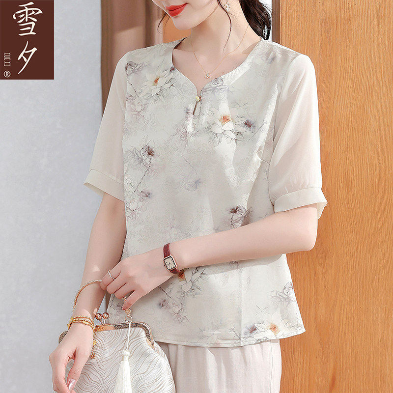 小个子妈妈夏装新中式上衣服中老年女夏季短袖雪纺套装母亲节小衫