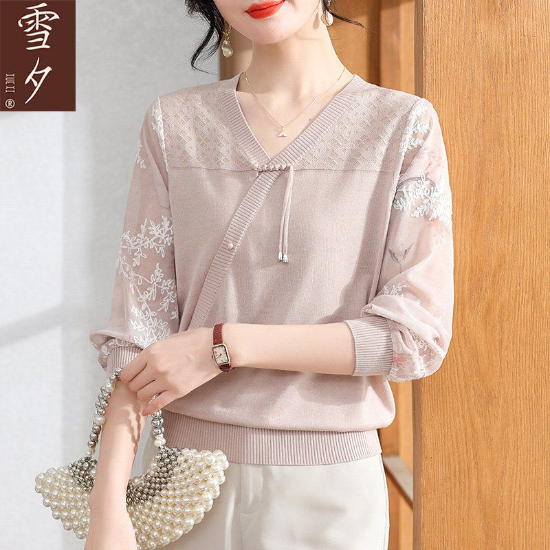 新中式妈妈春装长袖针织上衣2026新款小衫中老年女装春秋纱袖T恤