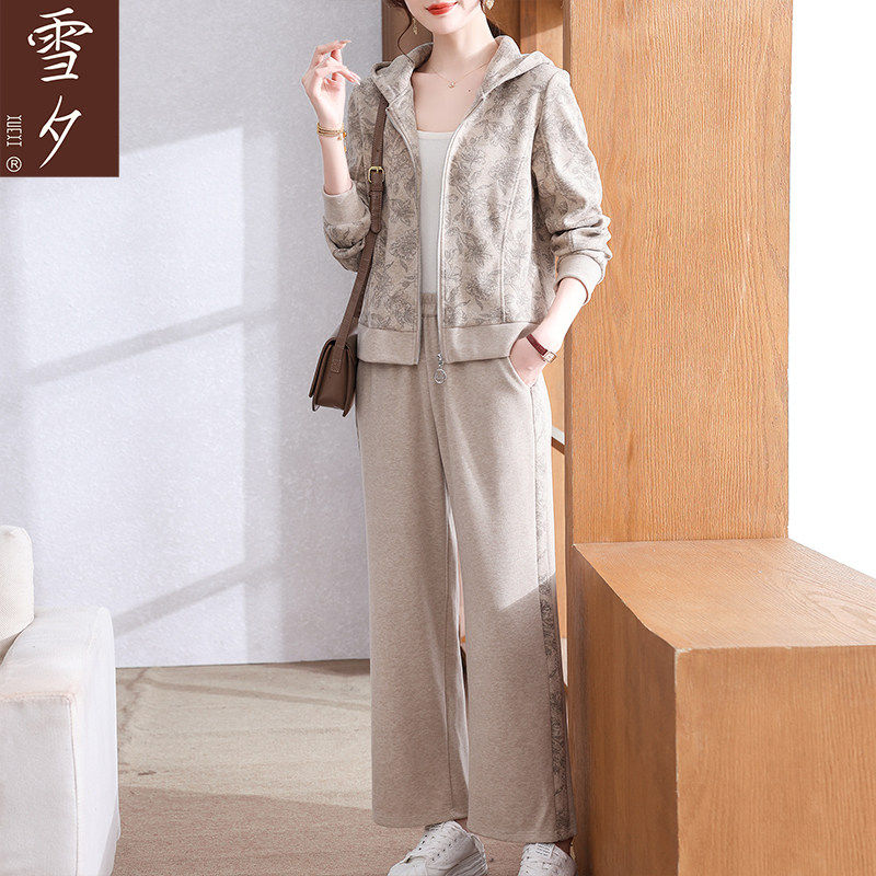 妈妈春装套装2026新款洋派连帽春秋外套中老年妇女装休闲运动服装