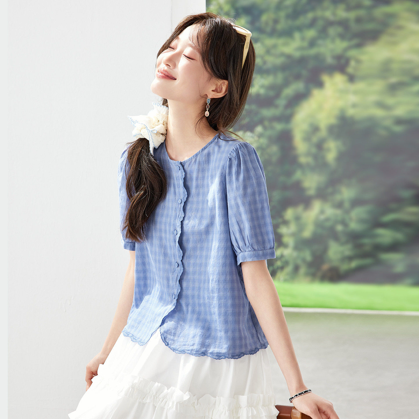 纯棉蓝色衬衫女短袖夏季