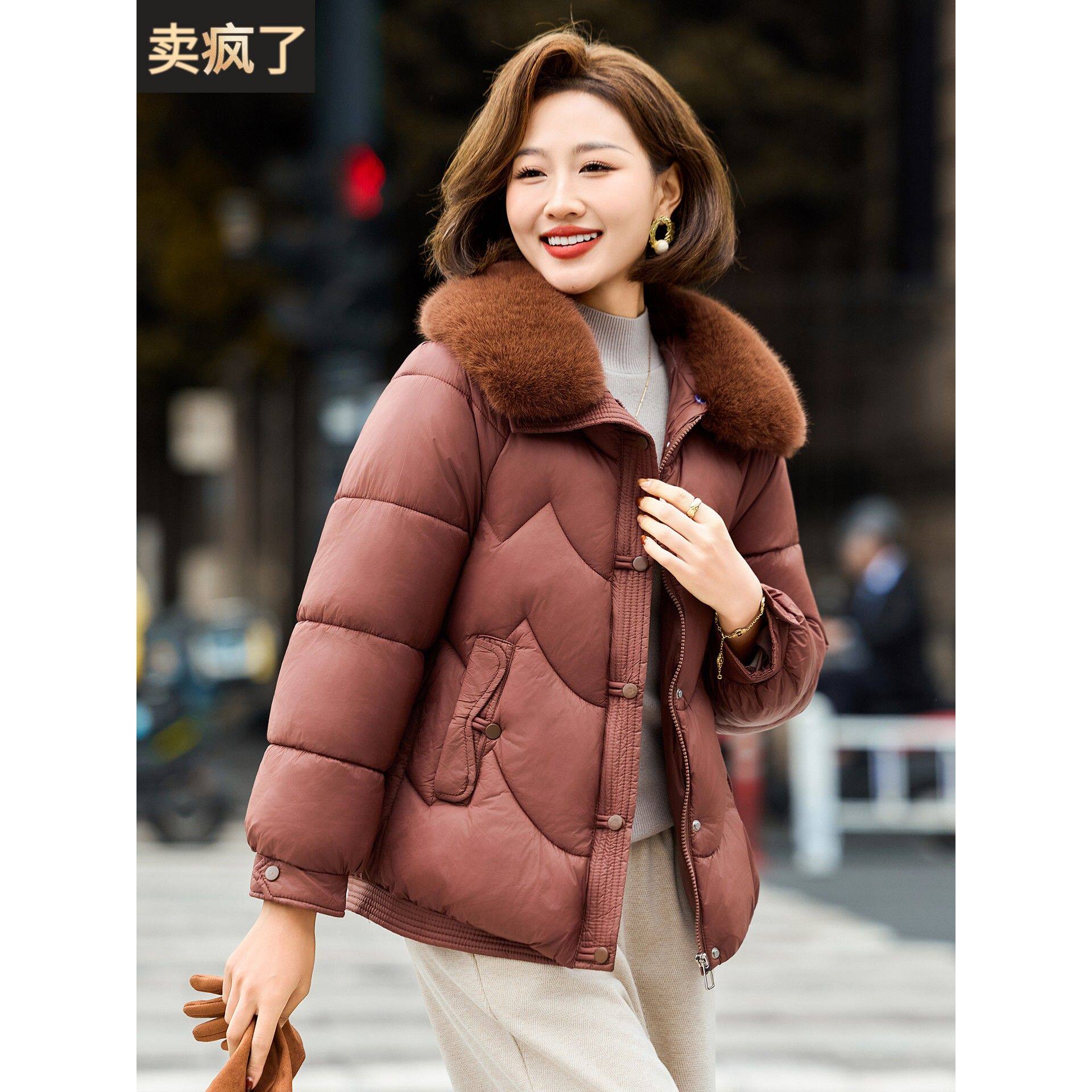 妈妈洋气短款羽绒棉服中年女装秋冬装毛领棉衣中老年大码棉袄外套