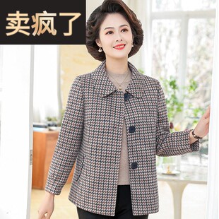 妈妈春秋装洋派格子毛呢外套短款50岁60中老年女宽松呢子夹克上衣