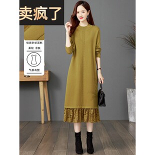 秋冬新款蕾丝拼接长袖连衣裙女加厚毛衣裙气质针织羊毛内搭打底裙