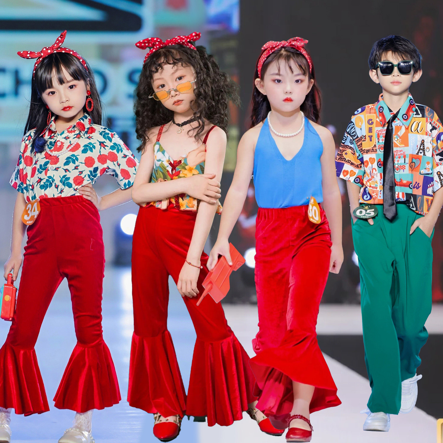 儿童复古港风喇叭裤衬衫套装幼儿园运动会8090年代怀旧走秀演出服