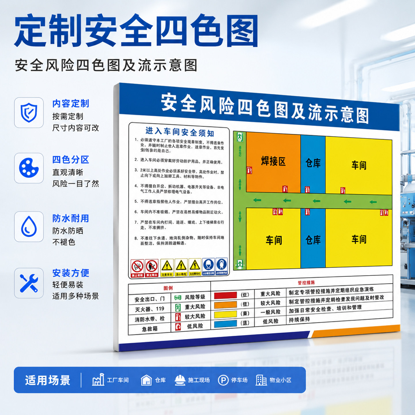 安全风险四色分布图设计墙贴公司企业四色风险图分布图告知牌工厂车间治理风险分级管控与逃生消防疏散图