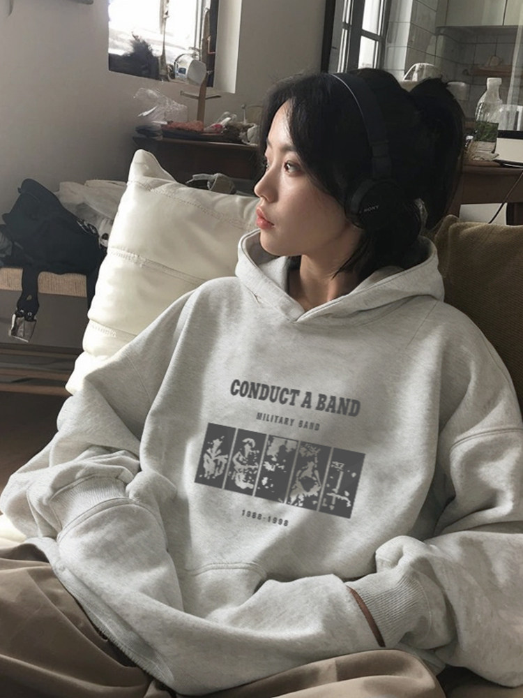 White-gray hooded sweatshirt for women, autumn and winter, fleece-lined, thick, oversized outerwear, new 2025 spring and autumn loose top