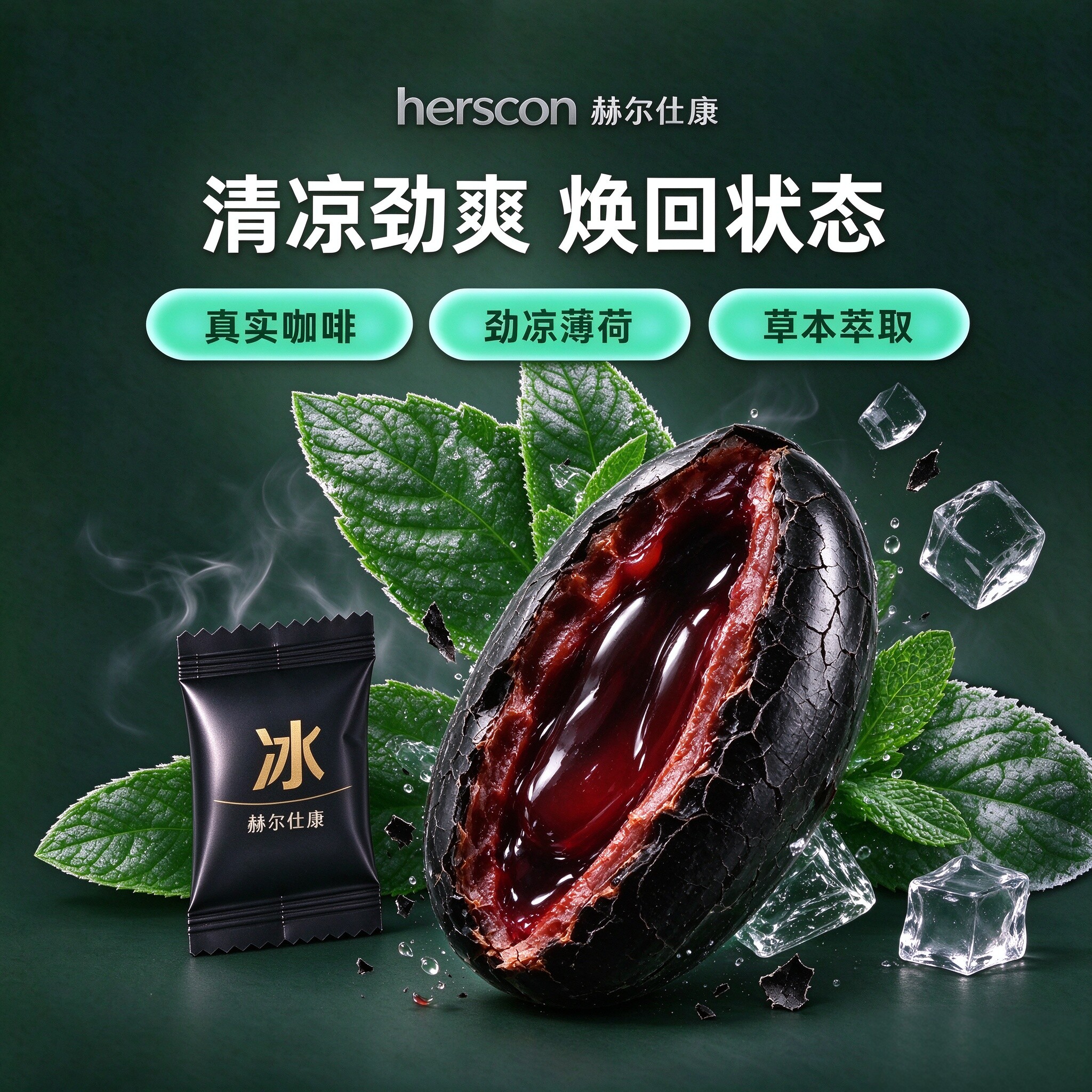 赫尔仕康夹心口香糖咖啡醒神防困清凉薄荷糖草本配方