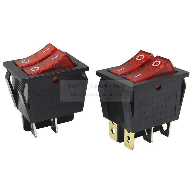 KCD6/8 6脚4脚2档 25*31MM 双联带灯电源翘板船型开关按钮 电饼铛