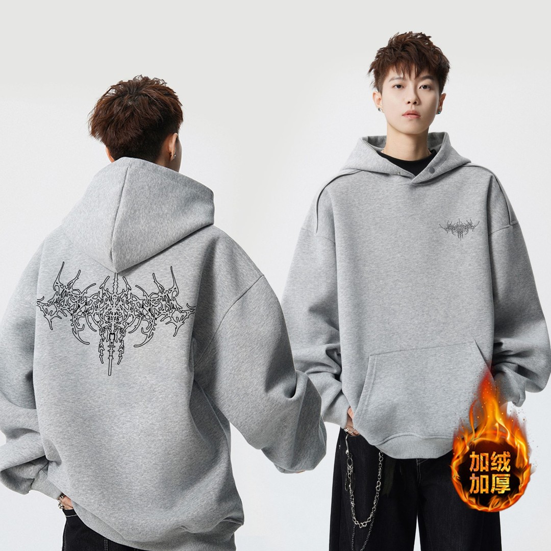 美式潮牌重磅连帽卫衣男2025秋冬加绒保暖肩膀拉链设计感百搭上衣