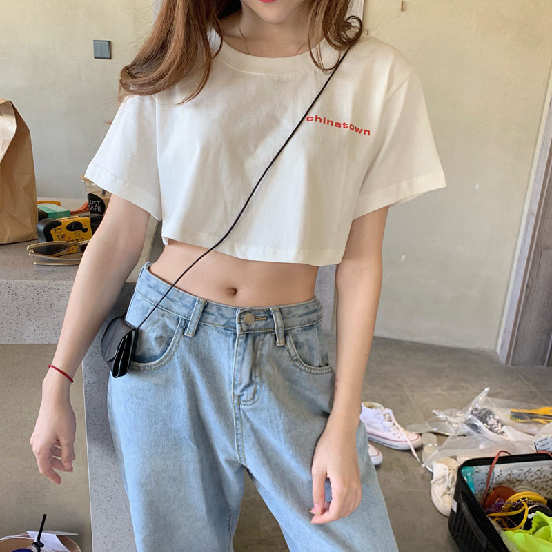 外贸少女性感露腰短袖T恤字母宽T恤