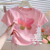 女小童宝薄棉卡通可爱蝴蝶抽绳短袖 新款 T恤 2025夏季 女童纯棉短袖