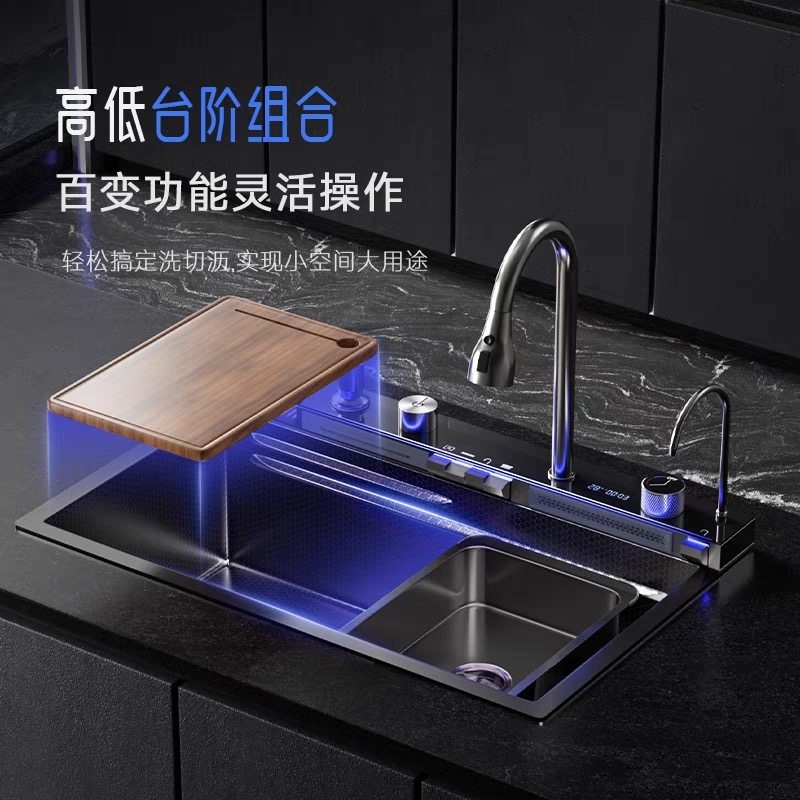 水槽大单槽洗菜盆sus304不锈钢厨房家用多功能数显瀑布鲸鱼台中盆