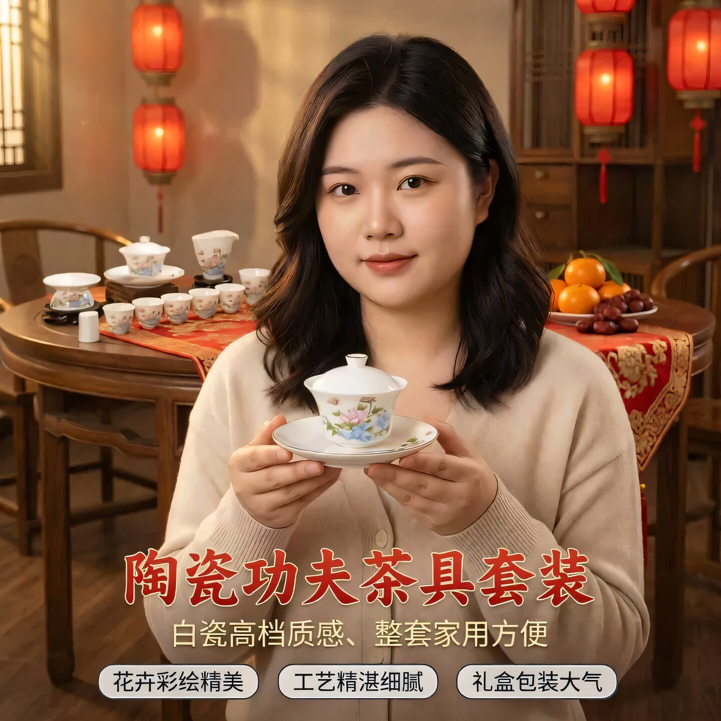 羊脂玉粉彩牡丹白瓷功夫茶具礼盒