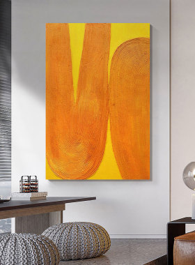 忒派橙色抽象线条手绘油画《赤澄》现代轻奢客厅装饰画酒店艺术画