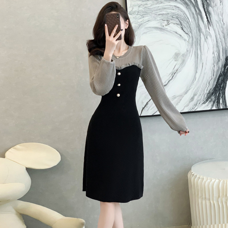 实拍拼接茶系大码连衣裙秋冬季女连衣裙