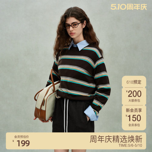 【可机洗澳大利亚100%美丽诺羊毛】欧时力条纹毛衣女2024秋冬新品