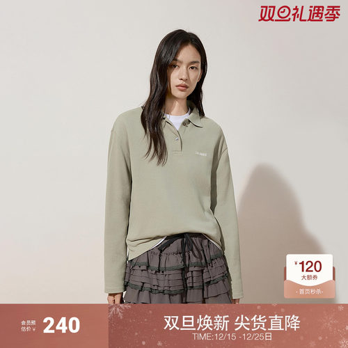 OCHIRLY欧时力 100%棉Polo领长袖T恤女上衣绣花气质2024秋冬新品