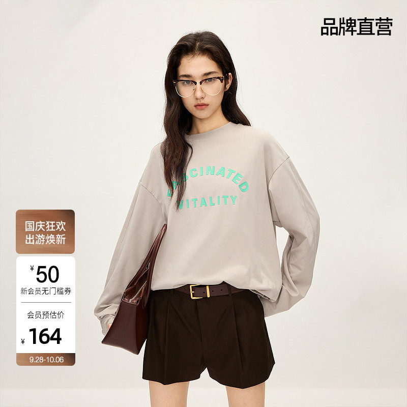 OCHIRLY欧时力 字母印花长袖t恤女宽松中长休闲时尚秋冬
