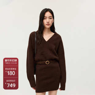 OCHIRLY欧时力 露肩领V领毛织连衣裙女短裙坑纹气质2025秋季新品