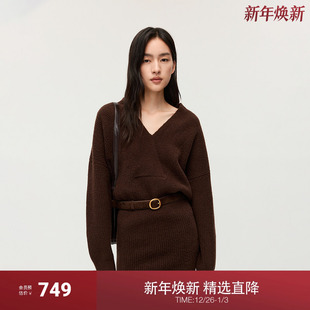 新品 OCHIRLY欧时力 露肩领V领毛织连衣裙女短裙坑纹气质2025秋季