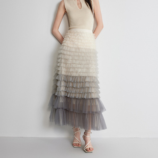 a字超仙气质长裙 春装 渐变纱裙 ochirly欧时力高腰半身裙2024新款