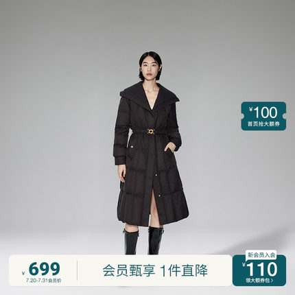 欧时力时尚高级感绗缝菱格纹鸭绒羽绒服23新秋冬长款大衣外套女
