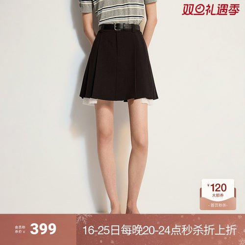 欧时力蕾丝花边百褶裤裙