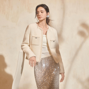 新品 ochirly欧时力 进口羊毛呢小香风外套女上衣正肩气质2025春季