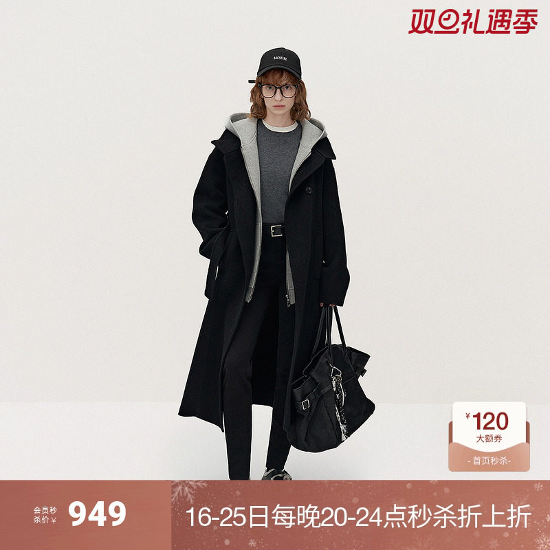 ochirly欧时力 澳大利亚100%美丽诺羊毛双面呢大衣女2024秋冬新品