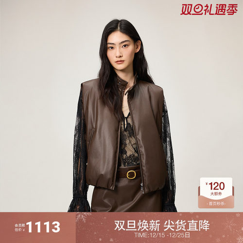 OCHIRLY欧时力 PU皮立领羽绒背心女马甲外套休闲复古2025秋季新品