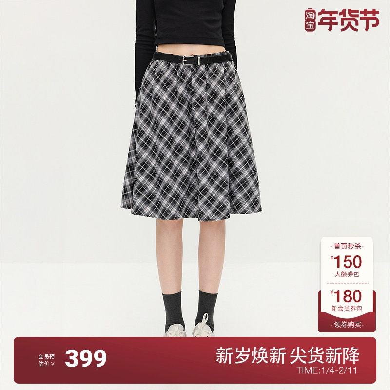 OCHIRLY欧时力 磨毛格子a字半身裙中长款伞裙复古2025秋季新品,女装/女士精品,半身裙,淘宝优惠券,粉丝福利购,淘宝优惠卷