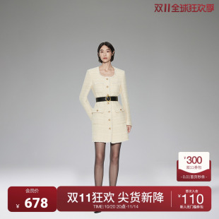 春装 欧时力羊毛呢外套连衣裙2023新款 手工织带U领 高奢小香