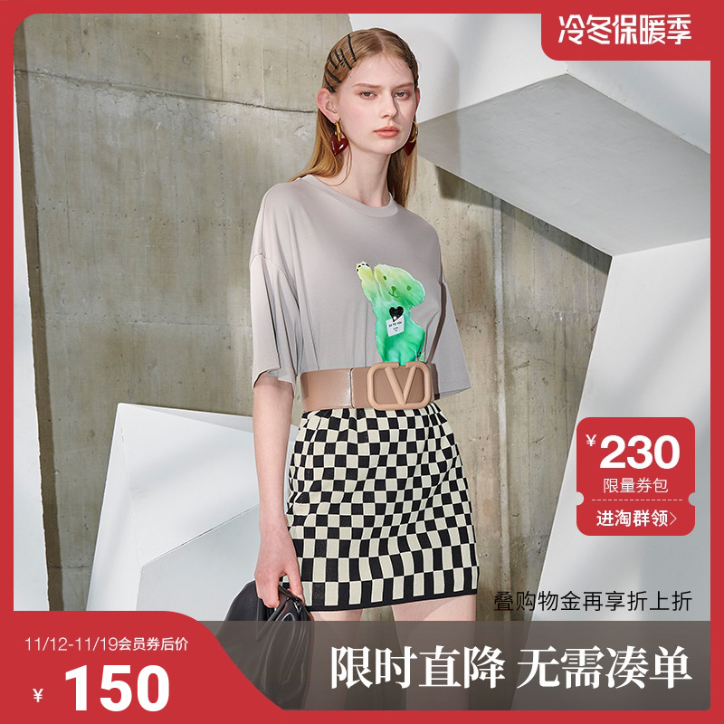 欧时力短袖t恤女夏装小熊印花纯棉上衣