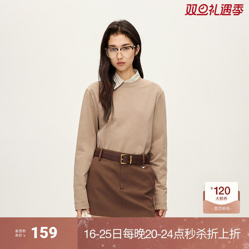 OCHIRLY欧时力 100%棉长袖t恤女上衣纯色气质高级休闲秋冬新品