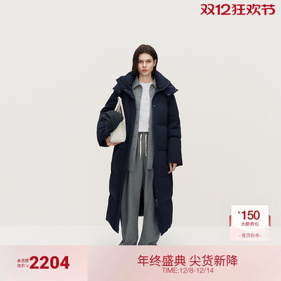 OCHIRLY欧时力 皱感长款羽绒外套大衣女连帽轻薄保暖2024秋冬新品