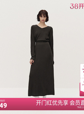 OCHIRLY欧时力羊毛长款毛织连衣裙V领软糯保暖显瘦2025春新款