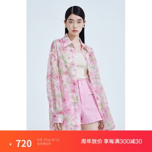 欧时力 衬衫 防晒衫 黑标系列 印花雪纺中长款 夏装 碎花 女2023新款