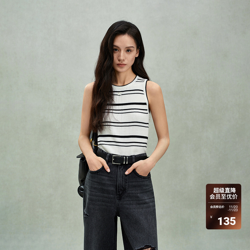 【可机洗澳大利亚100%羊毛】ochirly欧时力条纹毛织背心2025春新