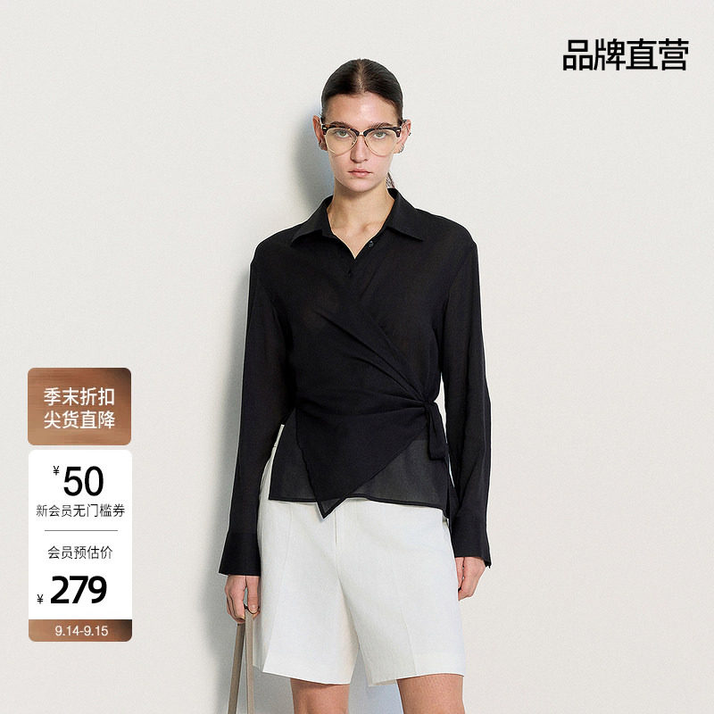 OCHIRLY欧时力 纯棉绑带衬衫防晒上衣设计感黑色流行女秋季图片