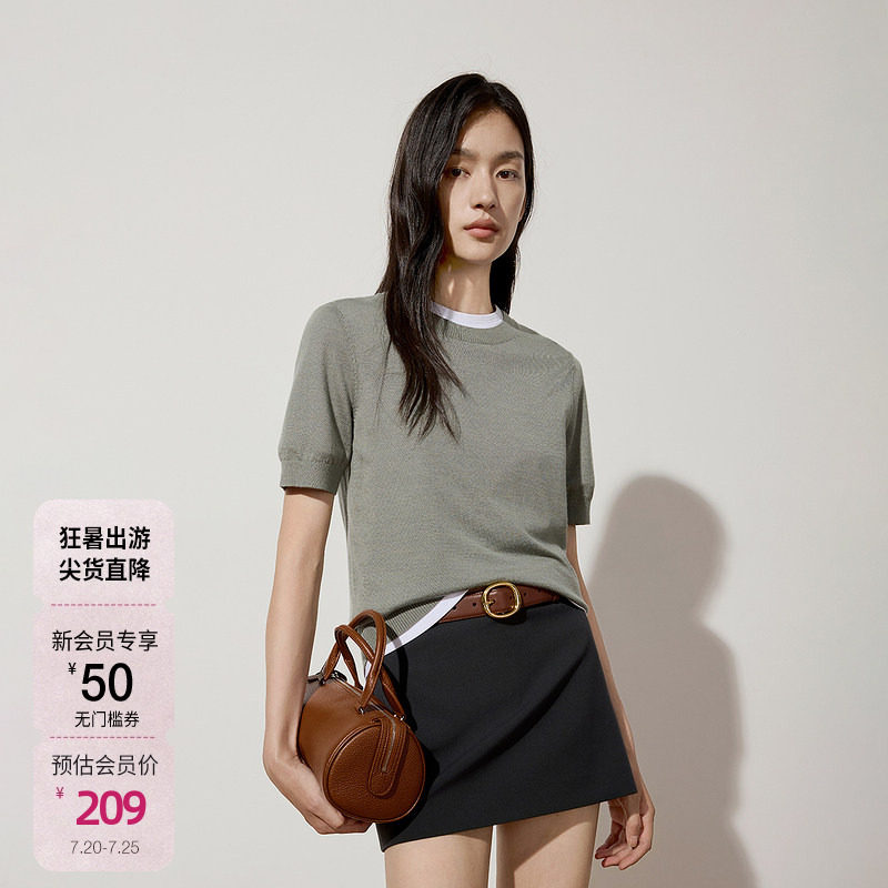 OCHIRLY欧时力 澳进口羊毛桑蚕丝短袖毛衣女软糯透气秋季