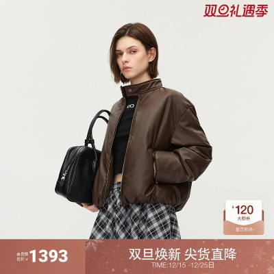 OCHIRLY欧时力 PU皮立领夹克羽绒服外套宽松复古高级2025秋季新品